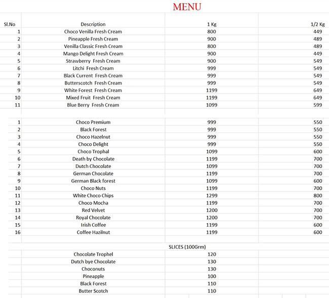 Menu of Cake House, HSR, Bangalore