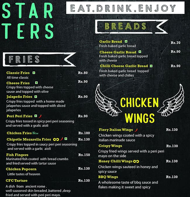 Menu of Hidden Fork, Peelamedu, Coimbatore