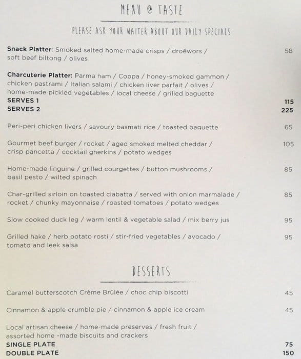 Menu au Laborie Estate restaurant, Paarl