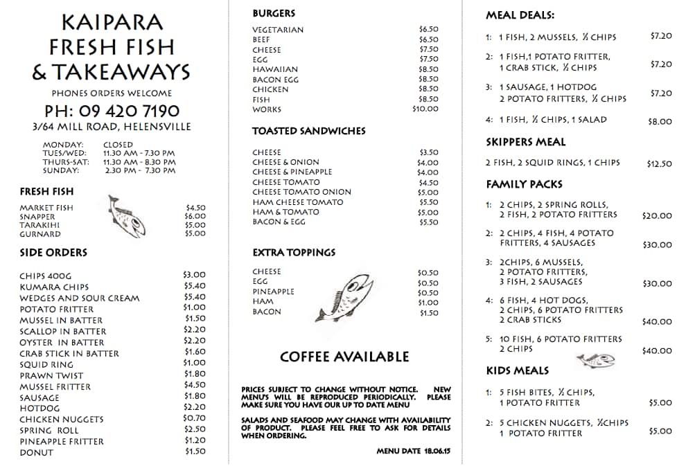 Kaipara Fresh Fish & Takeaways Menu Menumania/Zomato