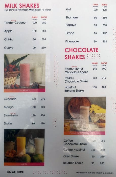 Menu at Fruit Bae, Thiruvananthapuram