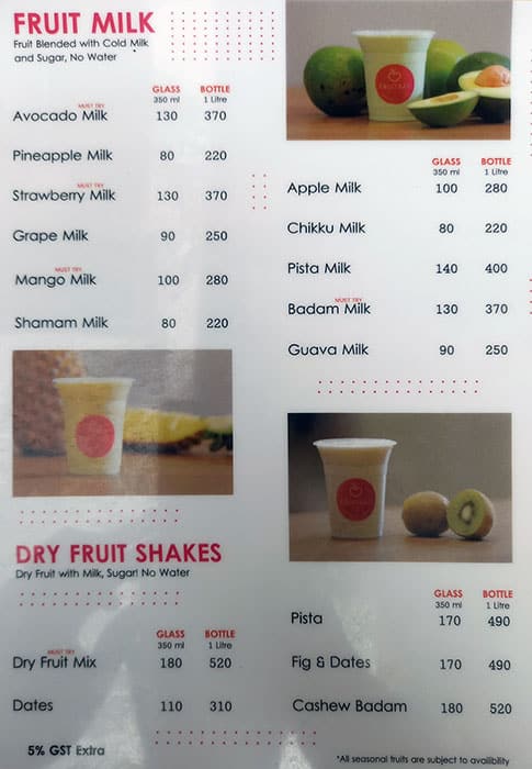 Menu at Fruit Bae, Thiruvananthapuram