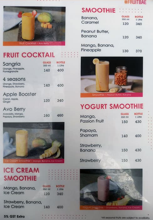 Menu at Fruit Bae, Thiruvananthapuram