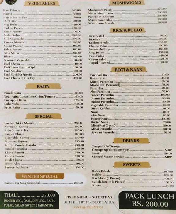 Menu of Swami Shri Bhagwanand Maharaj Jan Rasoi, Mehrauli, New Delhi