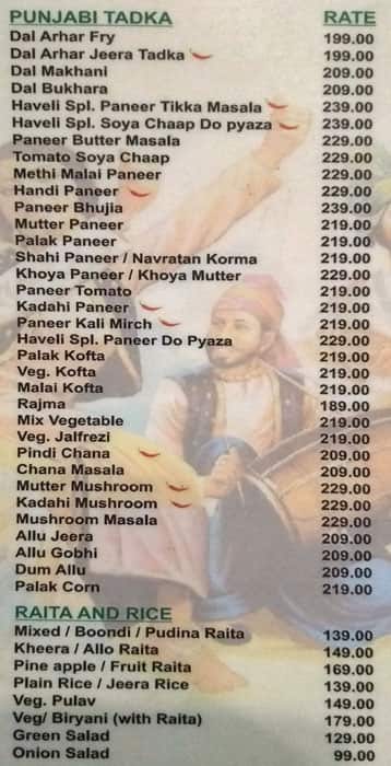 Haveli Restaurant menu