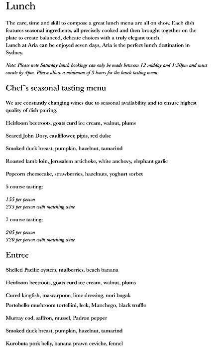 Aria Menu, Menu for Aria, Circular Quay, Sydney - Urbanspoon/Zomato