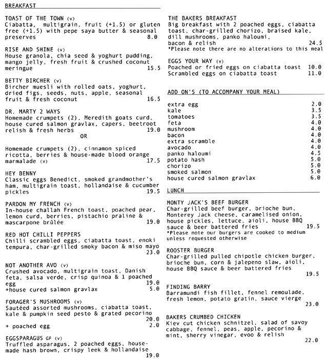 The Bakers Wife menu, Menu restauracji The Bakers Wife, Camberwell