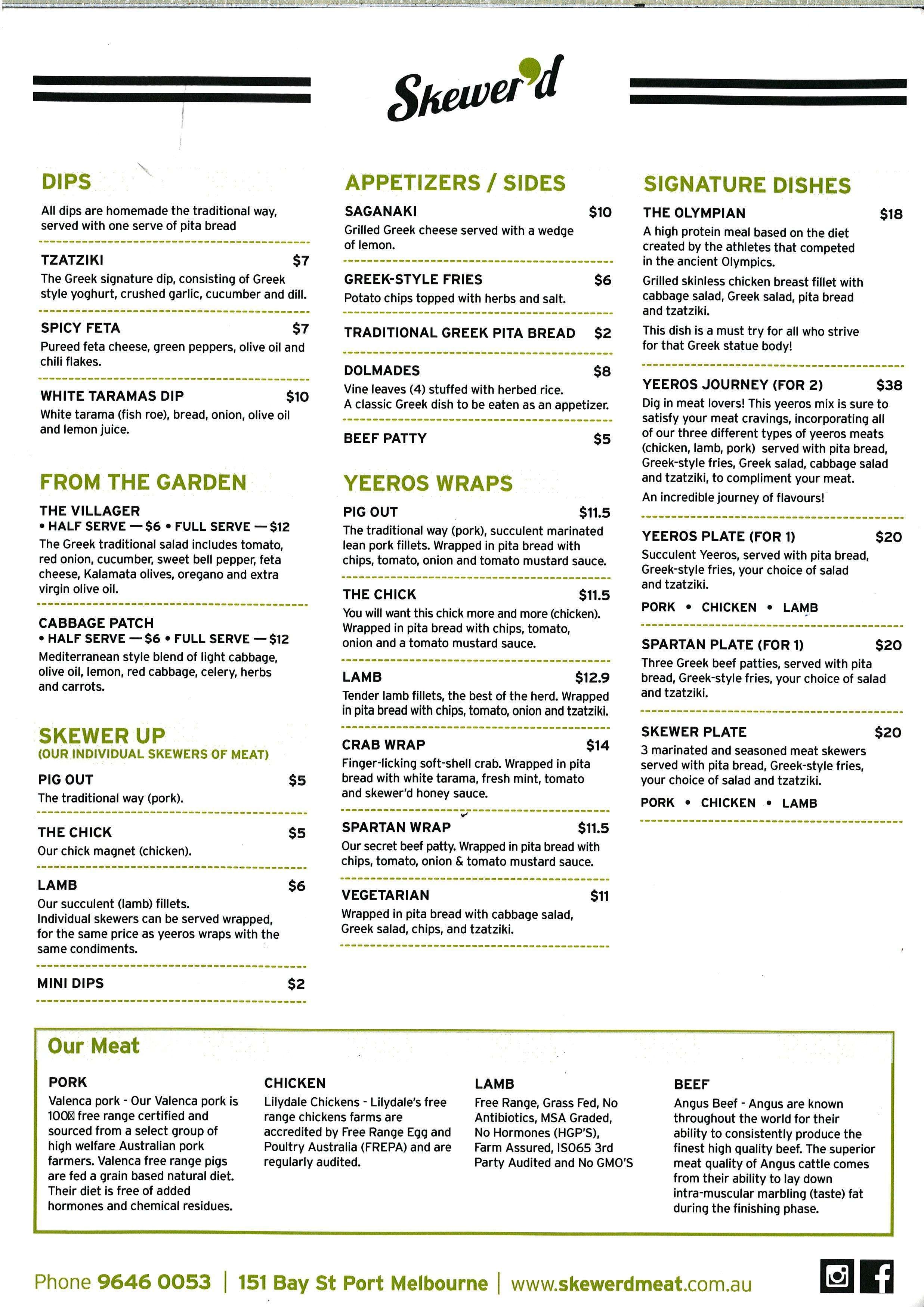 Menu at Skewer'd restaurant, Port Melbourne