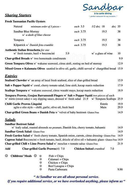 Menu for Sandbar, Paradise Point 