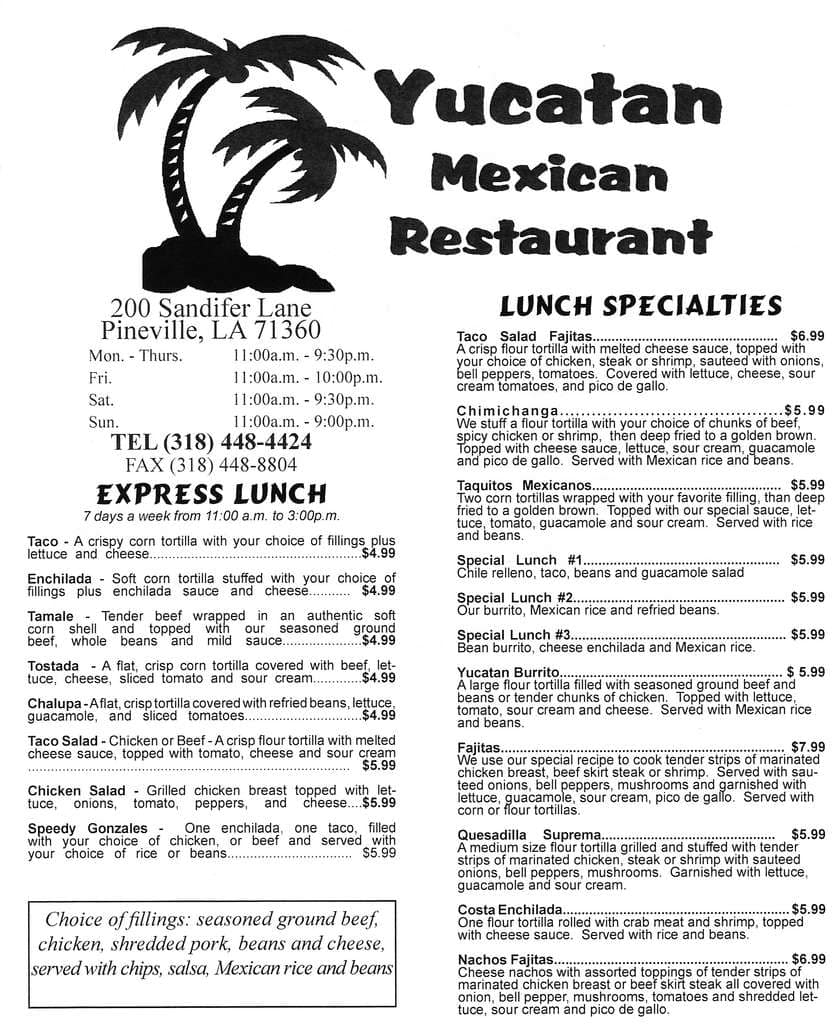 Yucatan Mexican Restaurant Menu Urbanspoon Zomato Yucatan Mexican Restaurant Pineville Menu