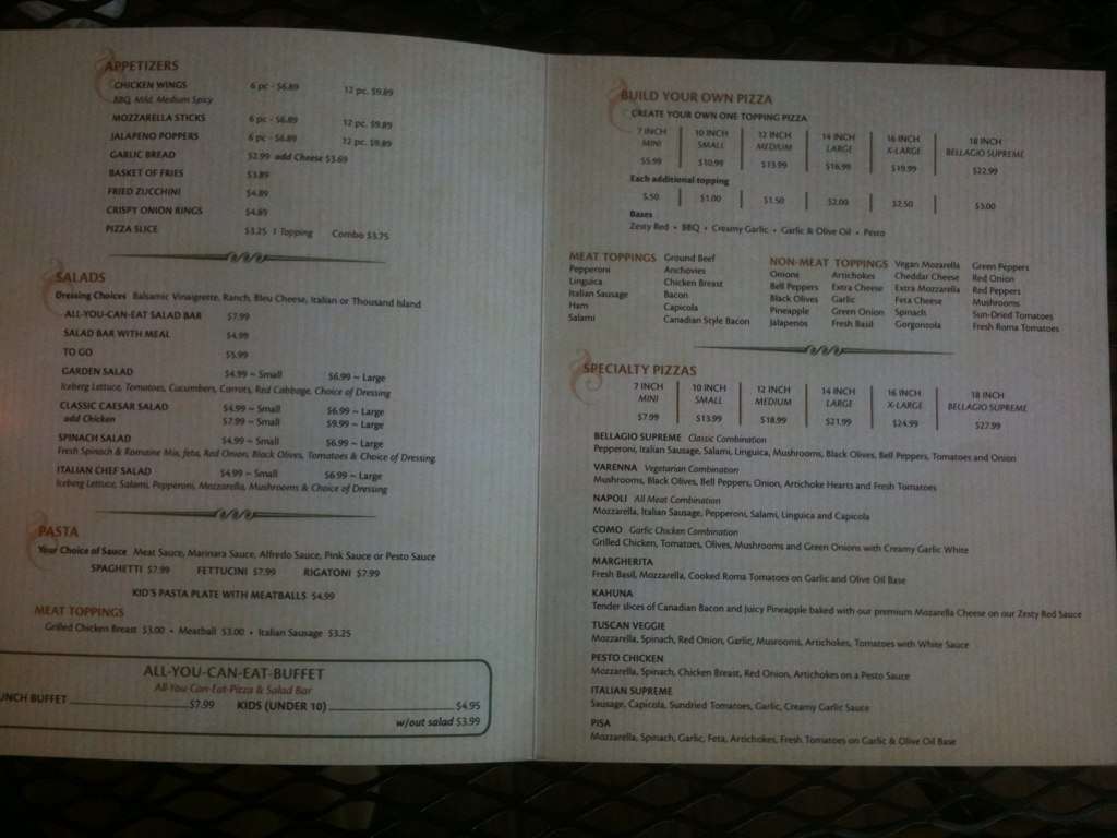 Bellagio Pizzeria Menu, Menu for Bellagio Pizzeria, Monterey, Monterey