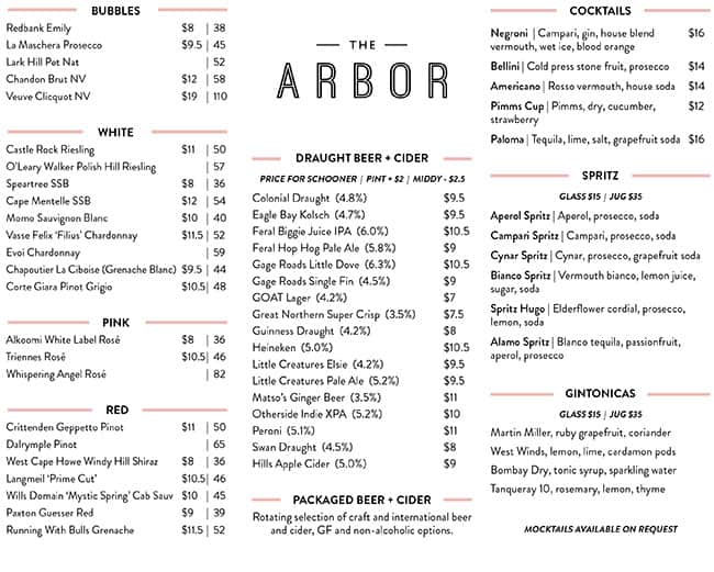 Menu at The Arbor pub & bar, Fremantle