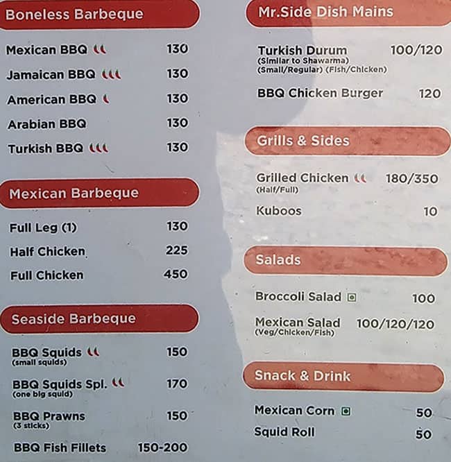 Menu Of Mr Side Dish Mexican Bbq Ramapuram Chennai