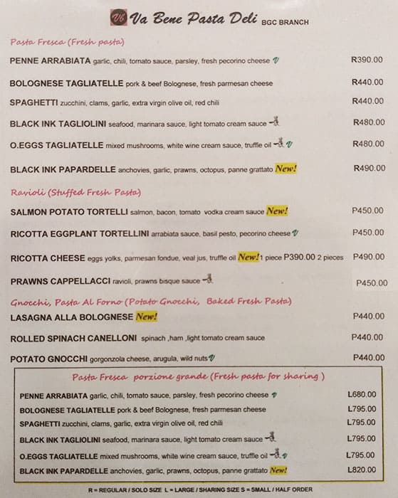 Menu at Va Bene Pasta Deli restaurant, Taguig, Bldg BHS