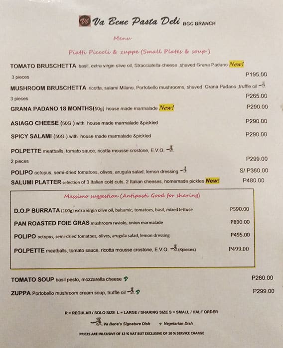 Menu at Va Bene Pasta Deli restaurant, Taguig, Bldg BHS