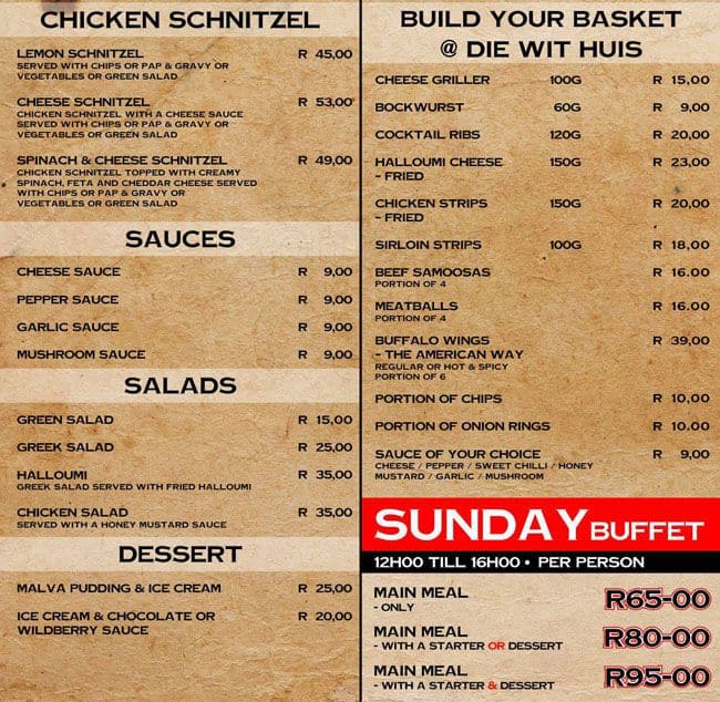 Menu at Die Wit Huis restaurant, Pretoria