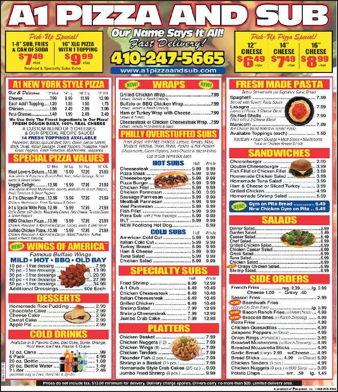 Menu at A1 Pizza and Subs pizzeria, Baltimore