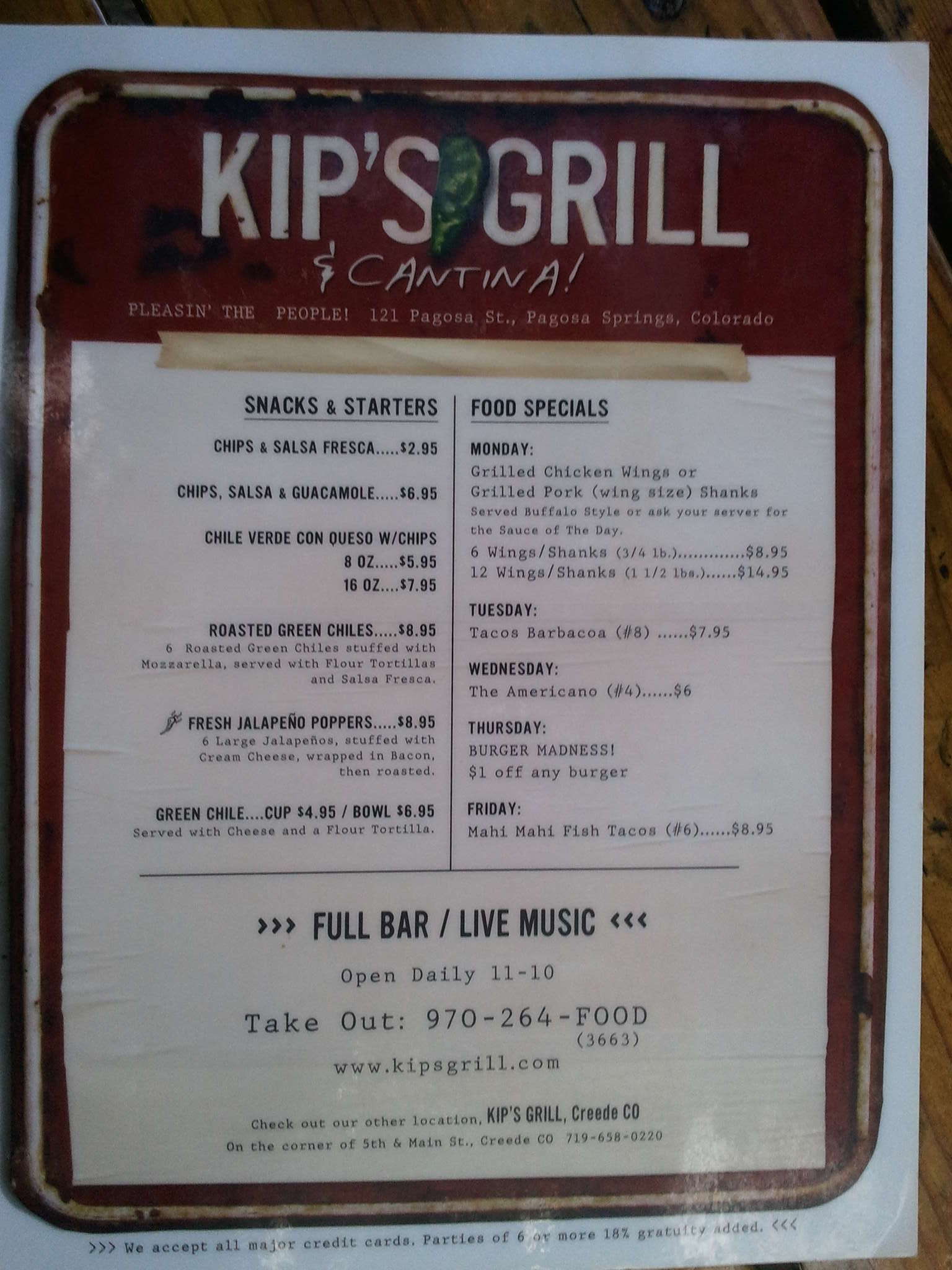 Menu at Kip's Grill and Cantina pub & bar, Pagosa Springs