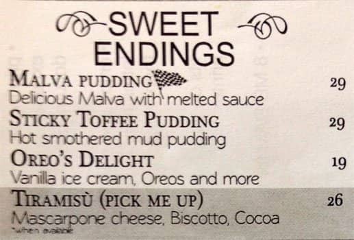 Menu at Bucca Bugattis restaurant, Cape Town