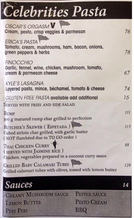 Menu at Bucca Bugattis restaurant, Cape Town