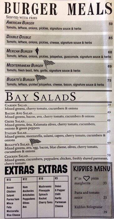 Menu at Bucca Bugattis restaurant, Cape Town