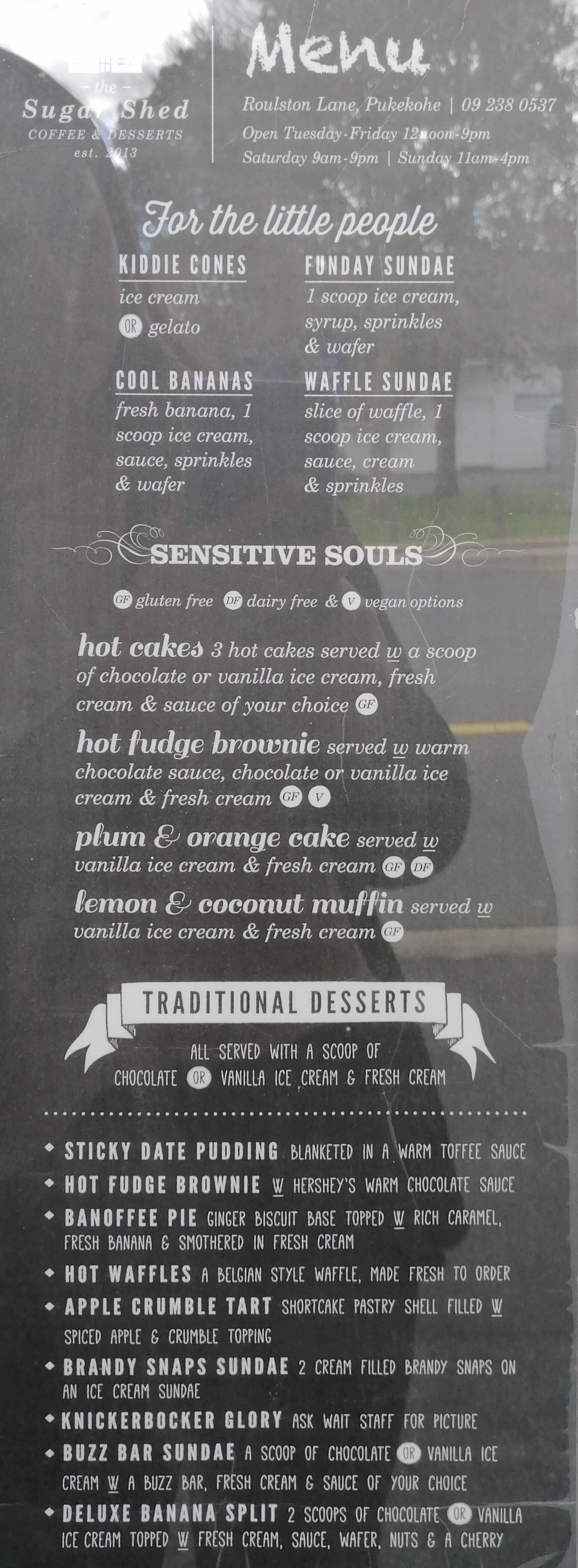 Menu at The Sugar Shed cafe, Pukekohe, 6 Roulston St