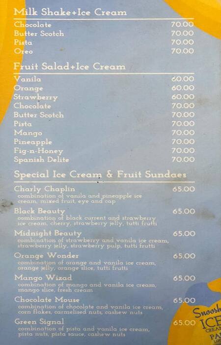 Snoosh Ice Cream Parlour menu