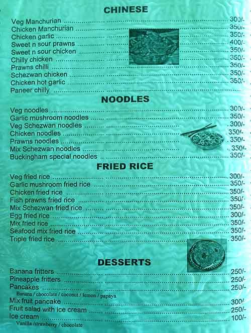 Buckingham cafe menu