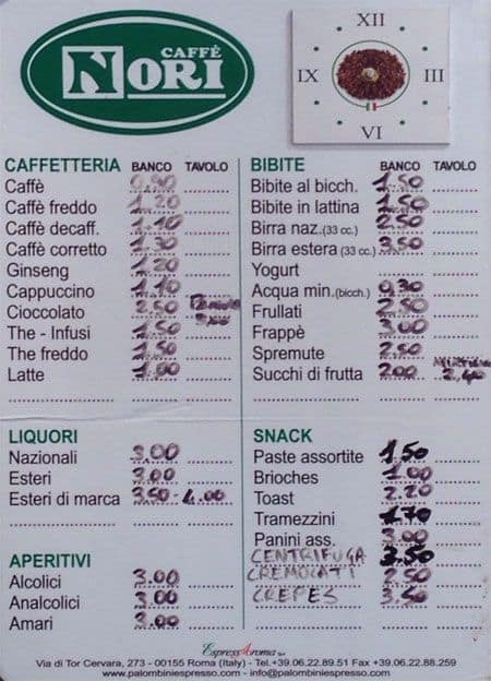 Menu di Caffè Nori 