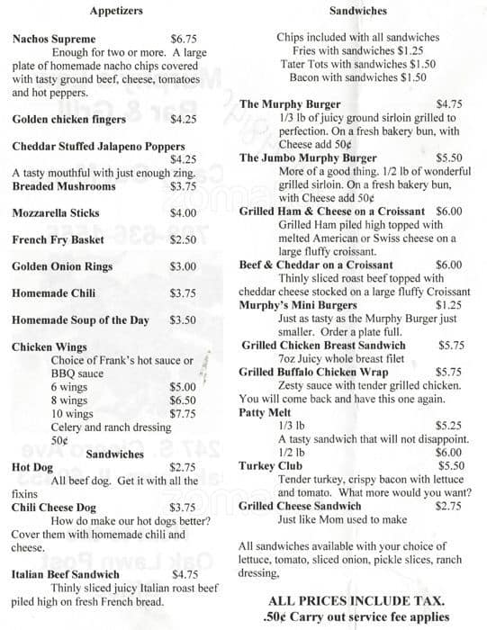 Murphy's Restaurant Redford Charter Township Menu