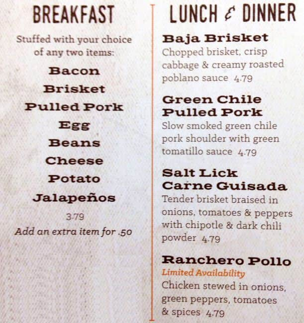 Menu at The Salt Lick Taco Bar, Austin