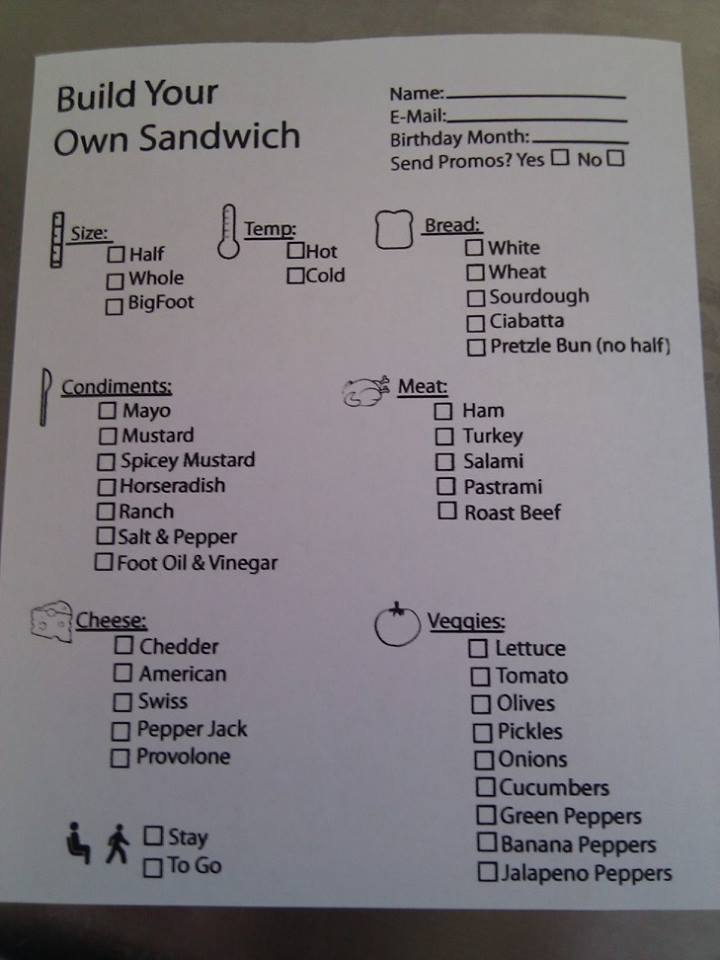 Menu at Bigfoot Sandwiches, Lindon
