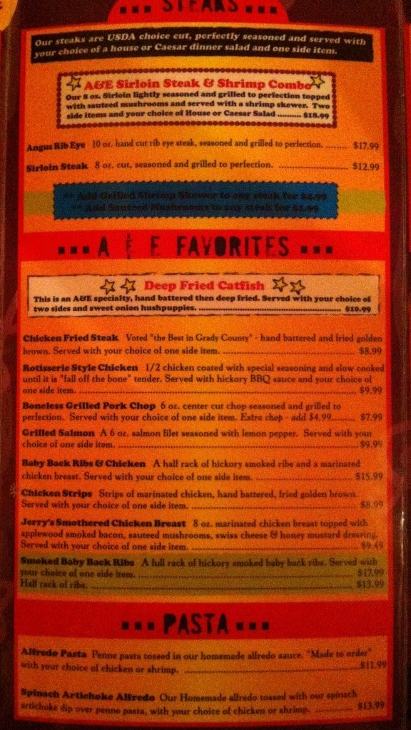 Menu at A & E Grill steakhouse, Chickasha