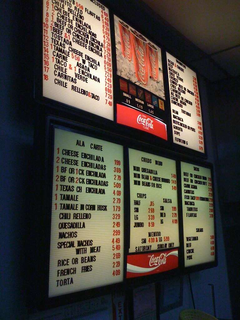 El Gordito Mexican Food menu, Menu restauracji El Gordito Mexican Food