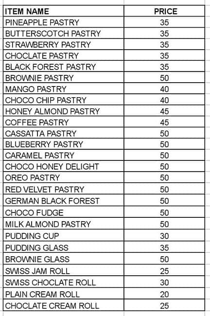 Garhwal Bakers menu
