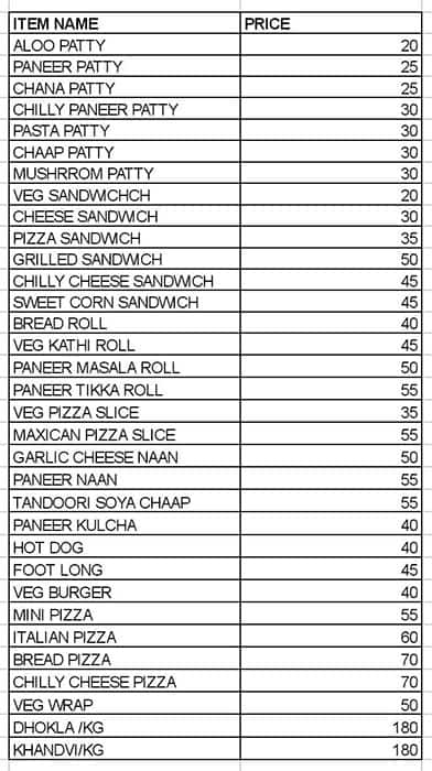 Garhwal Bakers menu