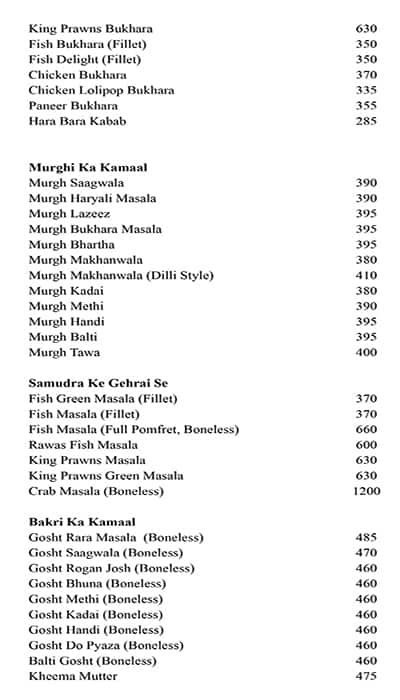 Sheetal Bukhara menu