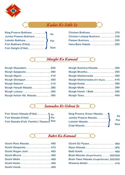 Sheetal Bukhara menu