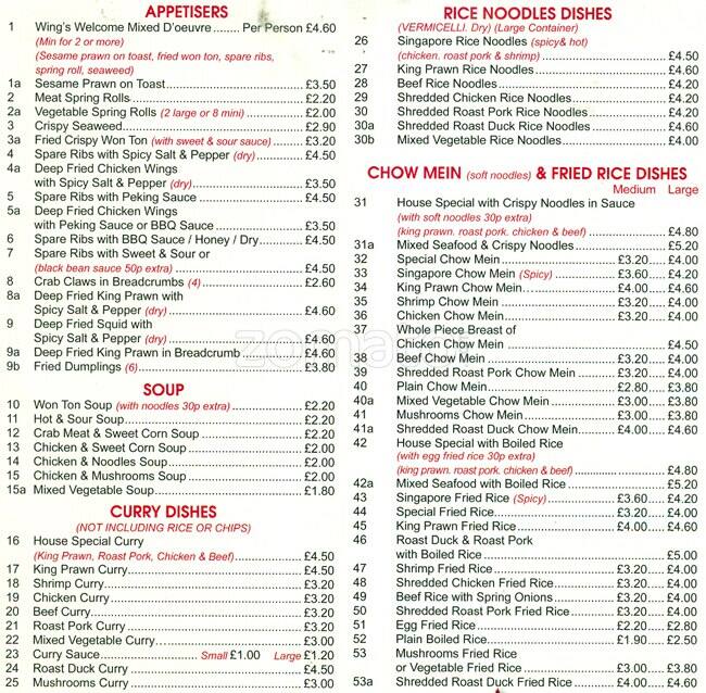 Wing's Menu, Menu for Wing's Brockley, London Zomato UK