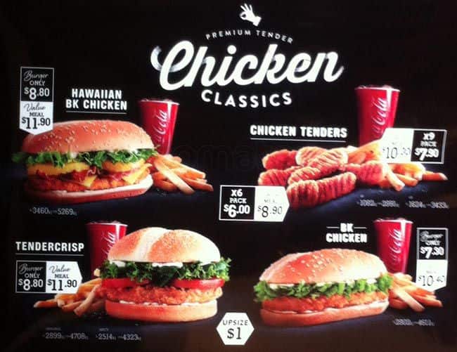 Burger King Menu, Menu for Burger King, Christchurch Airport