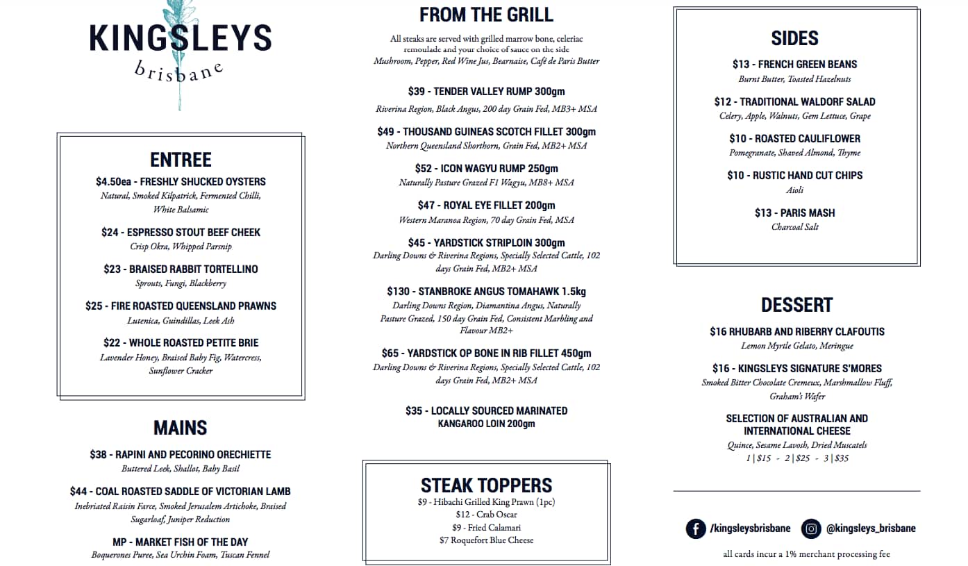 Menu at Kingsleys steakhouse, Brisbane City, 71 Eagle St
