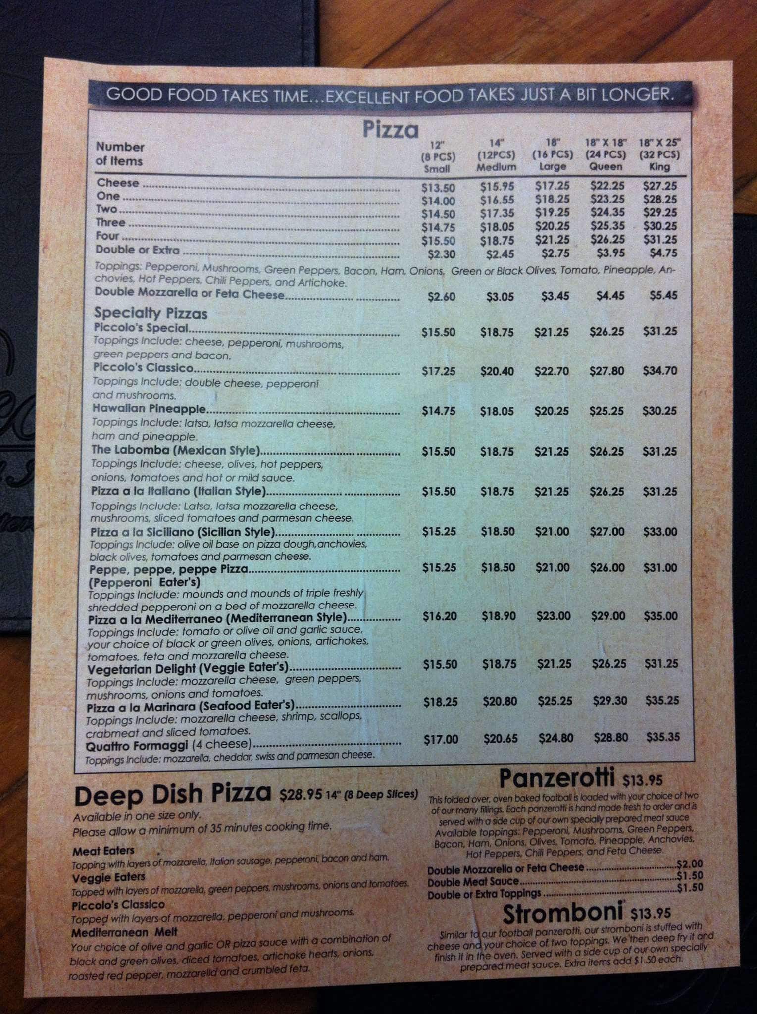 Menu at Piccolo's pizzeria, Windsor