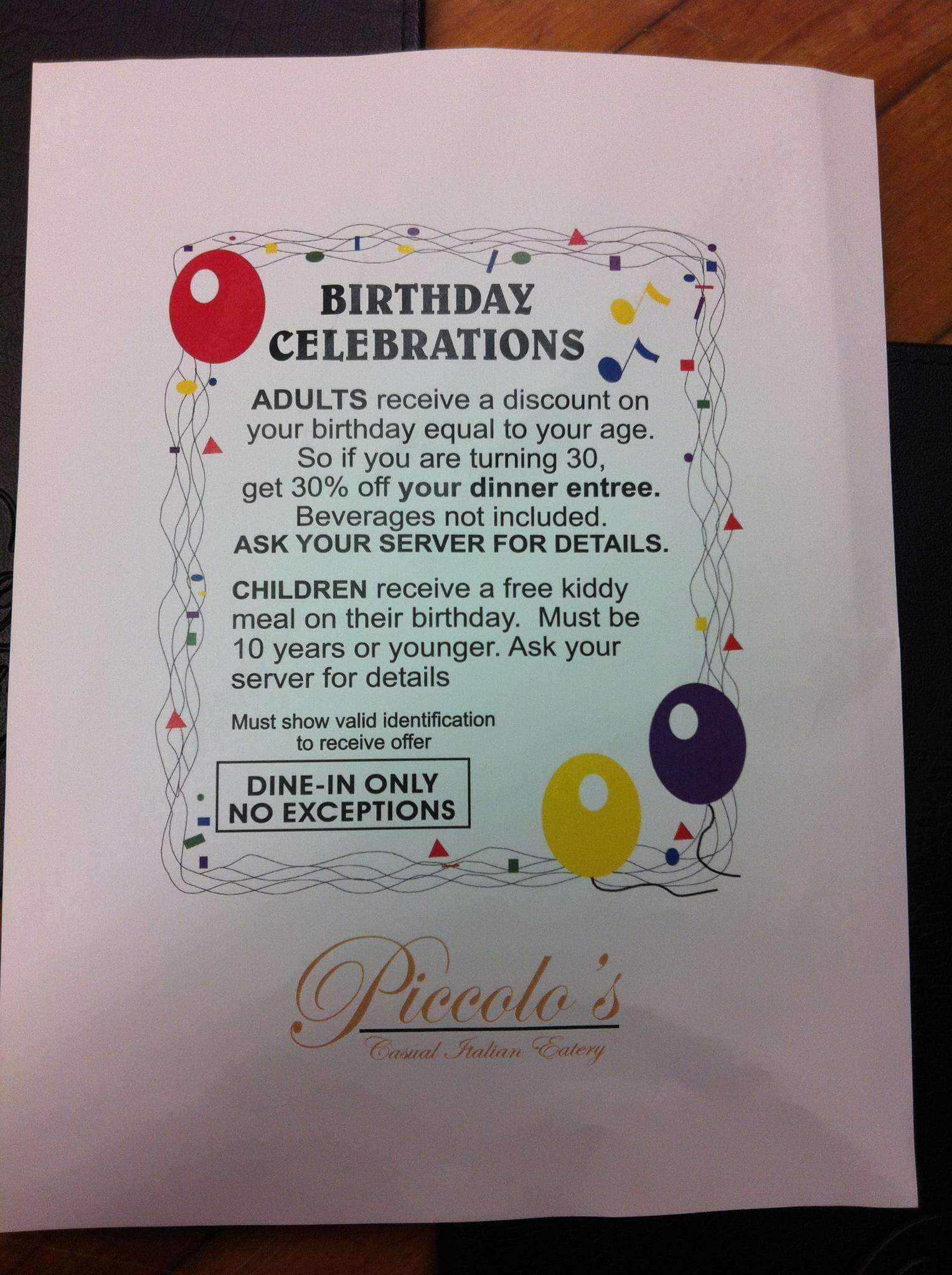 Menu at Piccolo's pizzeria, Windsor