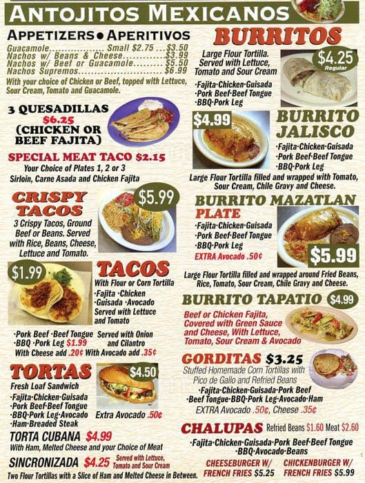 Menu at Taqueria Mazatlan restaurant, San Marcos