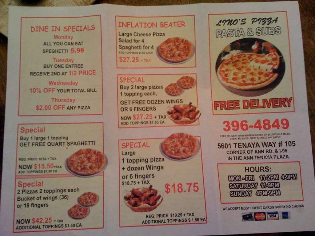 Menu at Lino's Pizzeria & Italian, North Las Vegas