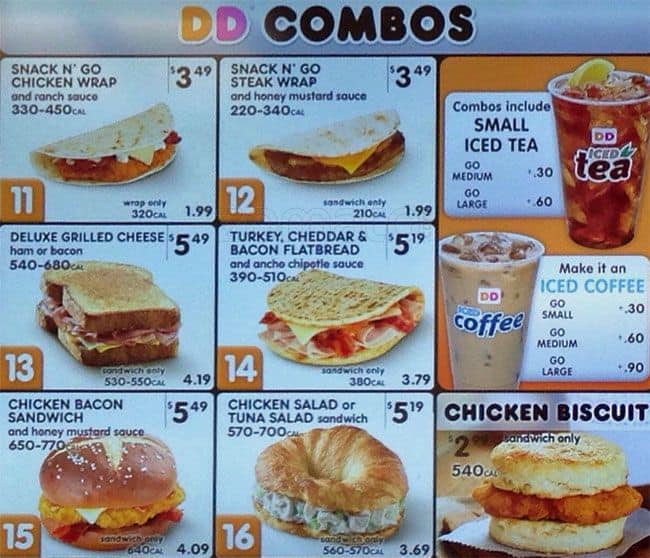 Menu at Dunkin' Donuts restaurant, Philadelphia, Walnut St