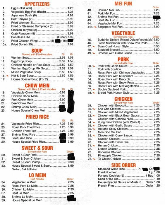 China Buffet Menu, Menu for China Buffet, Kannapolis, Charlotte