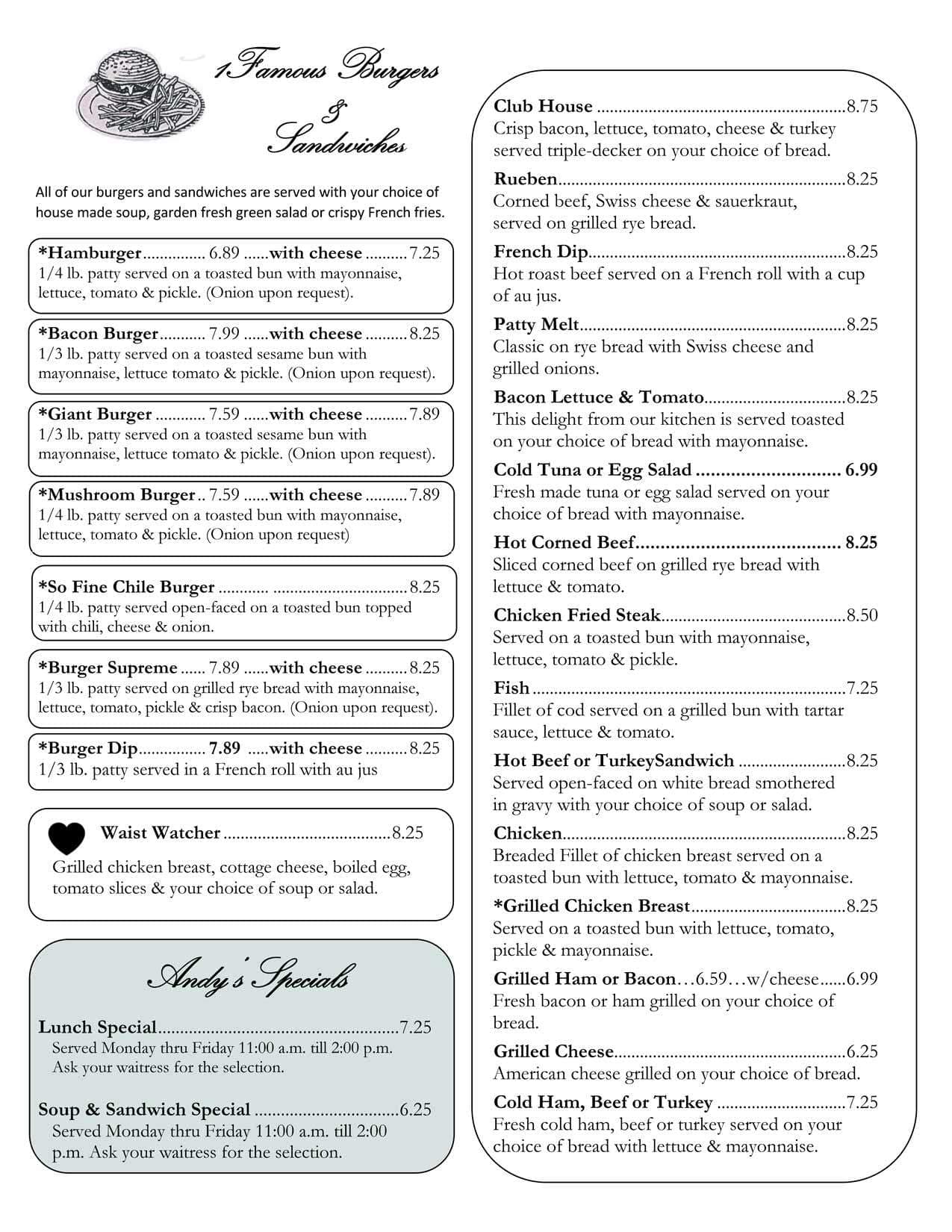 Menu at Andy's Coffee Break cafe, Pasco, W Court St A