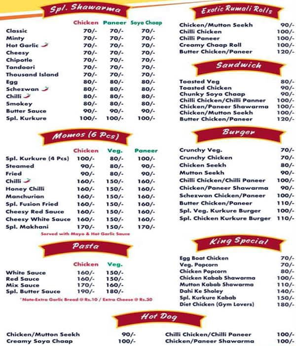 Menu at King shawarma, New Delhi, Gate Number 2