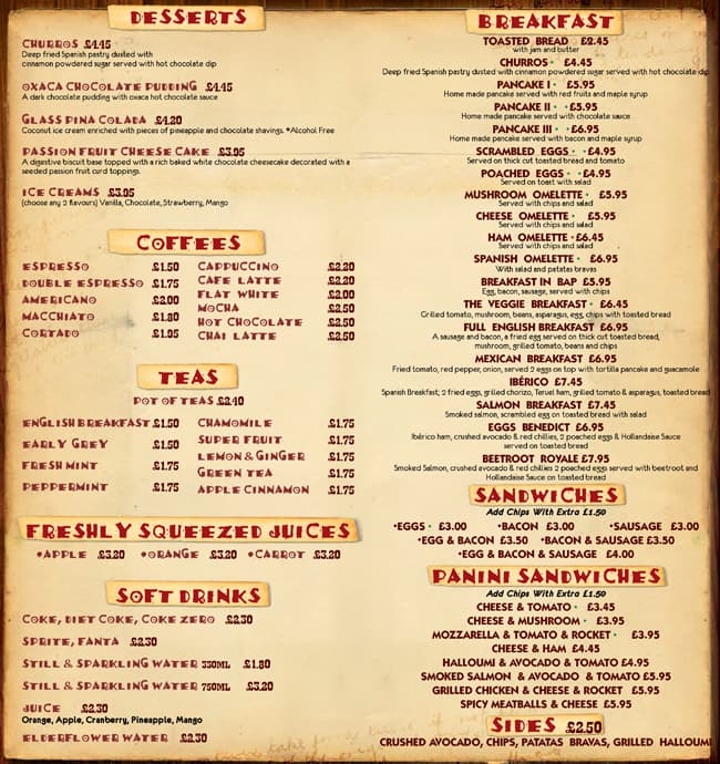 Menu at Cafe Mexicana, London